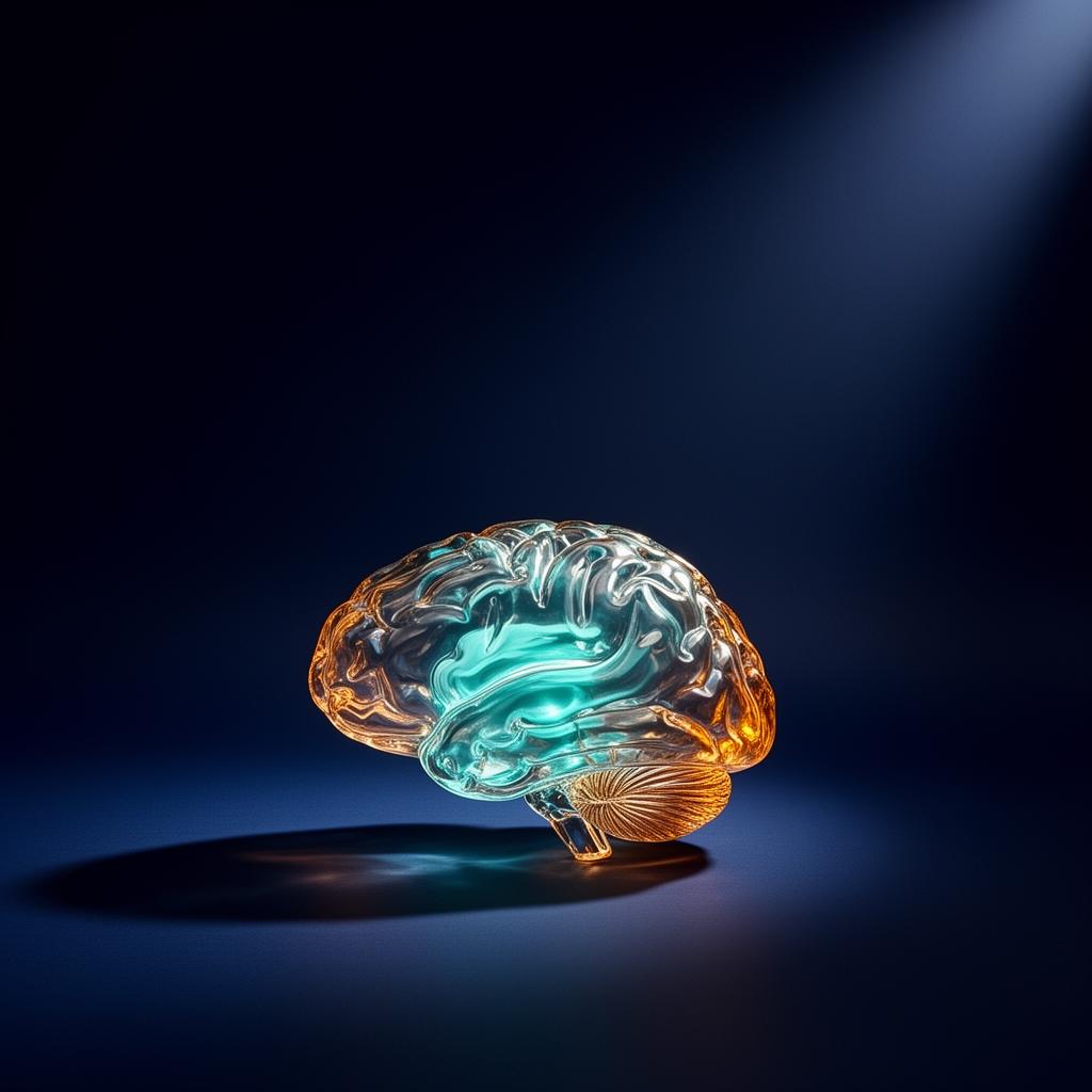 A translucent glass sculpture of a brain illuminated from within.